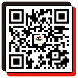 图像包含一个二维码，中心位置有“Doppel herz”字样。二维码的背景为白色，四周有黑色和红色边框。此二维码可用于扫描获取相关信息。