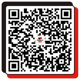 一个包含二维码的图像，二维码中央有一个带心形图案的标签，上面写着“Doppelherz”。背景有黑色和红色边框。二维码可能用于链接或获取信息。