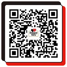 二维码图像，中心有“Doppel herz”标志，周围是复杂的黑白和红色图案。该二维码可用于扫描以获取特定信息或访问相关内容。