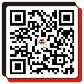 二维码中心有“Doppelherz”字样，周围为黑色和红色背景，整个图案由黑白块状图案组成，适用于扫描以获取信息或链接。