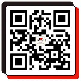 二维码，中心有“Doppel herz”字样。背景为黑色和红色边框。该二维码可用于扫描以访问相关内容或信息。